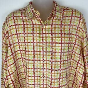 Tommy Bahama Relax Linen Button Front Shirt Plaid Orange Yellow Mens XL X-Large